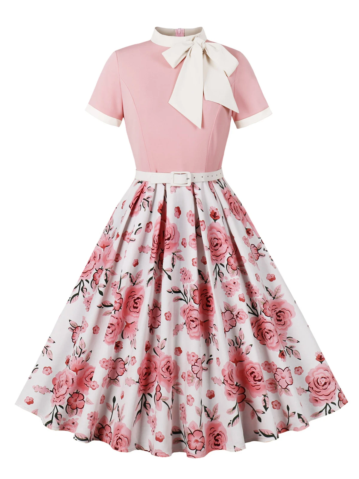 Tonval Pink and Floral 40s 50s Pinup Vintage Dresses for Women Contrast Neck Bow Elegant Summer Pleated Flare Dress - AliExpress 200000345 Tonval Pink and Floral 40s 50s Pinup Vintage Dresses for Women Contrast Neck Bow Elegant Summer Pleated Flare Dress - AliExpress 200000345