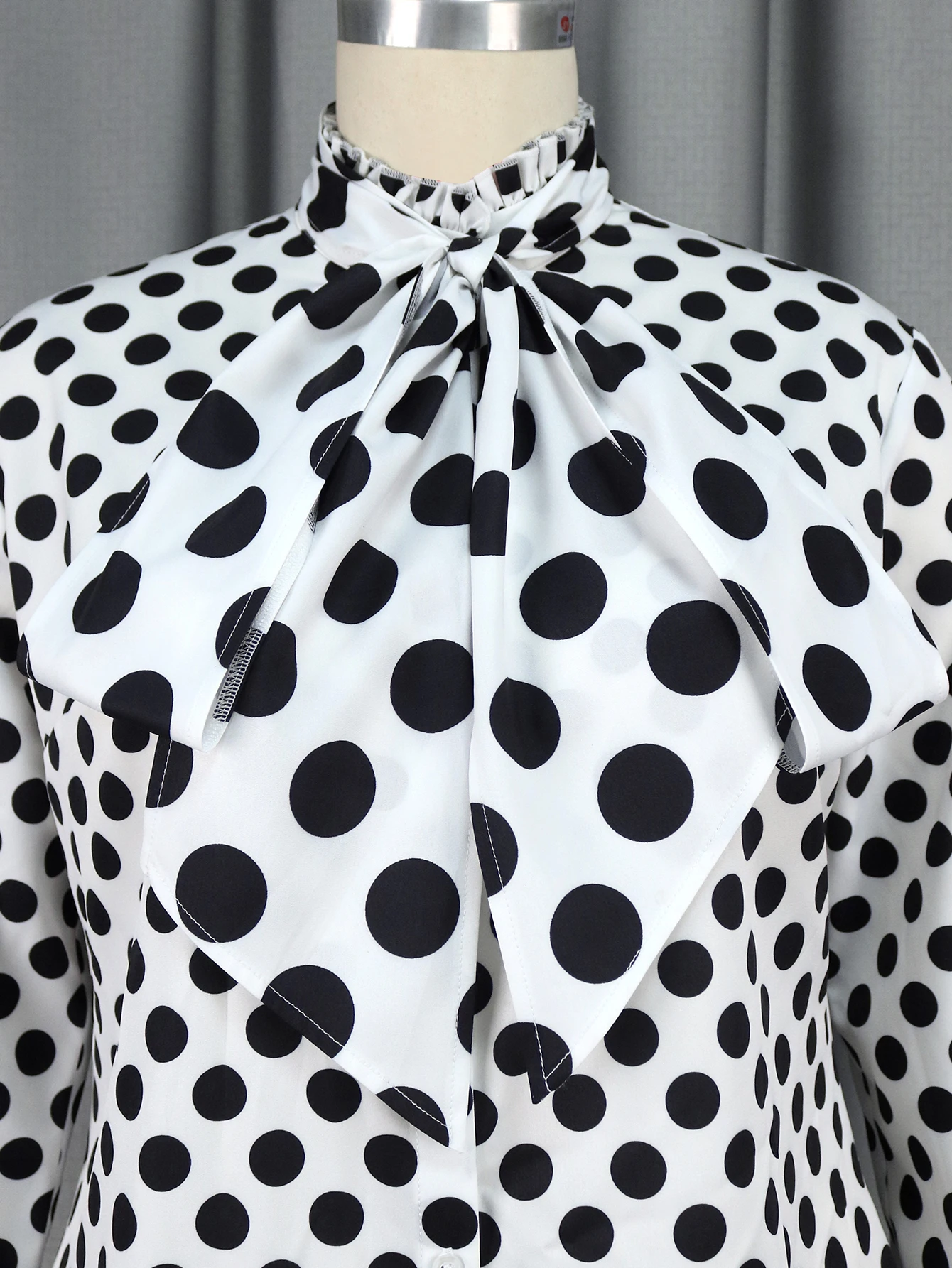 Elegant Polka Dot Blouse for Women 2024 Black White Printed Lace Up Long Sleeves Top Formal Occasion Ladies Work with Bowtie