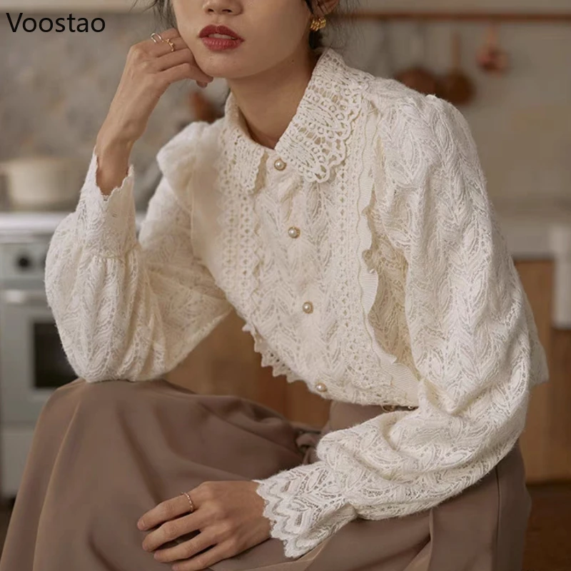 Vintage Elegant Lace Shirt Spring Autumn Women Sweet Long Sleeve Pearl Button Embroidery Blouses Office Lady Chic Ruffles Tops