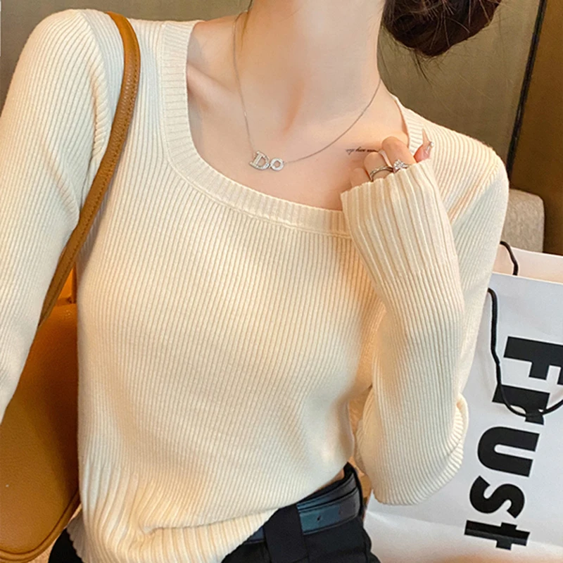 Jesienno-zimowy modny sweter Slim Knitted Pullover Women Square Collar Soft Solid Jumper Casual All Match Female Tops 2024 New