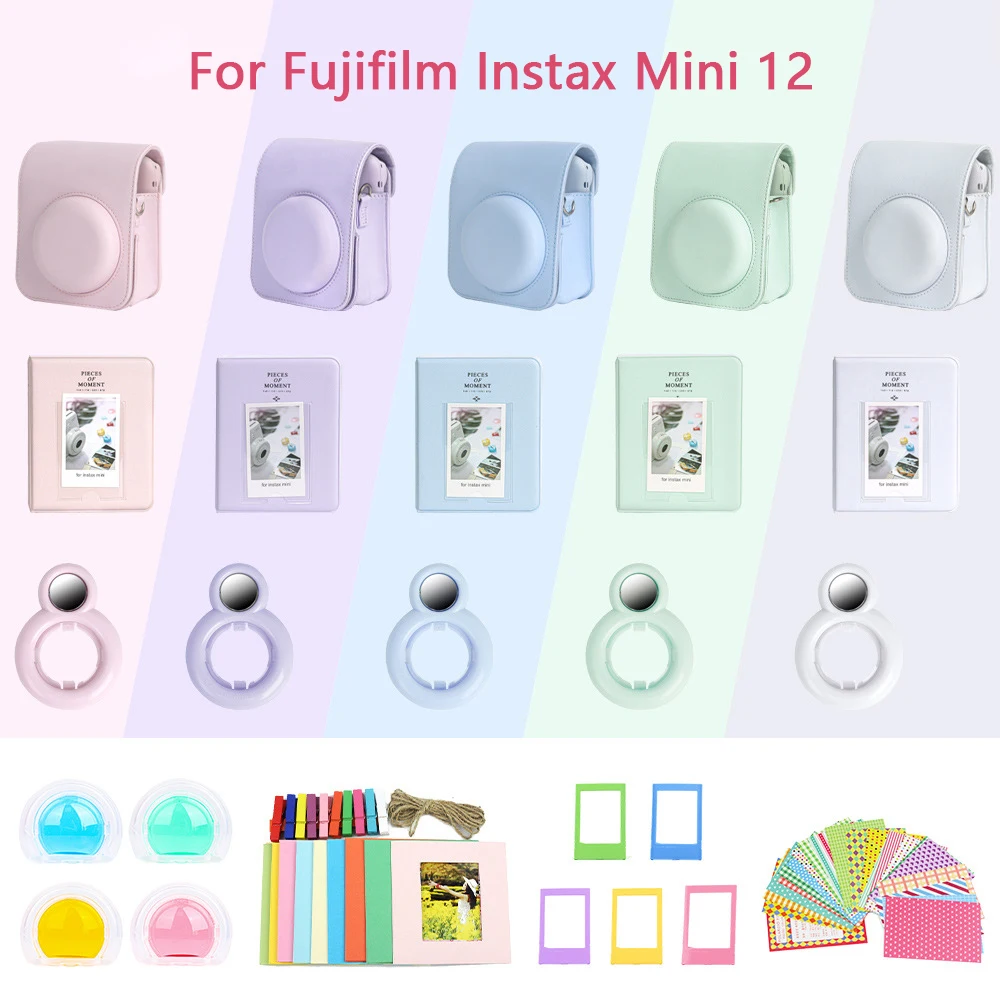 7-in-1 Camera Bag for Fujifilm Instax Mini 12 PU Case 64 Pockets Photo Album Colorful Photo Frame Selfie Mirror Lens Filters