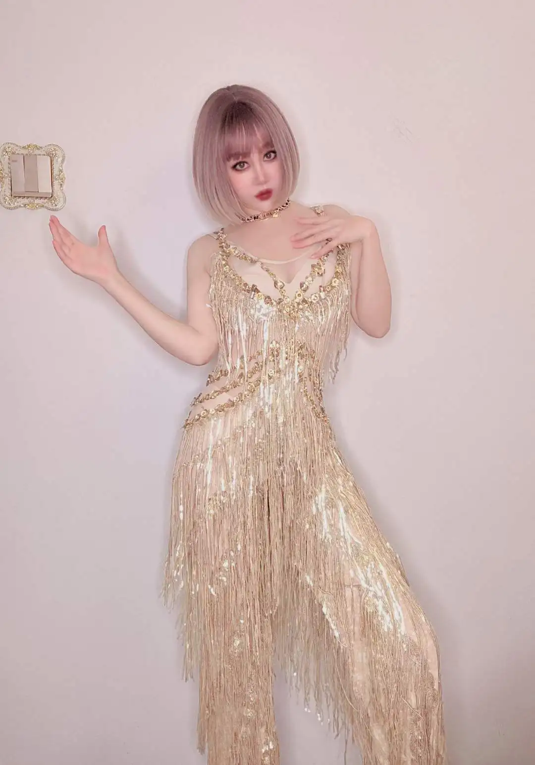 

Fringe Gold Women Jumpsuits Glitter Birthday Fashion Show Performance Stage Party Club Festival Outfit Drag Queen Wear 2023