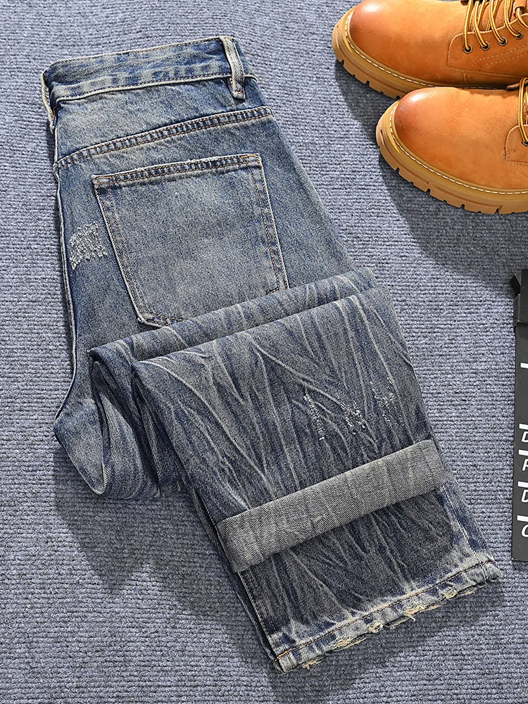 

Fashionable printed design Korean style trendy jeans for men's street fashion retro handsome loose wide leg pants