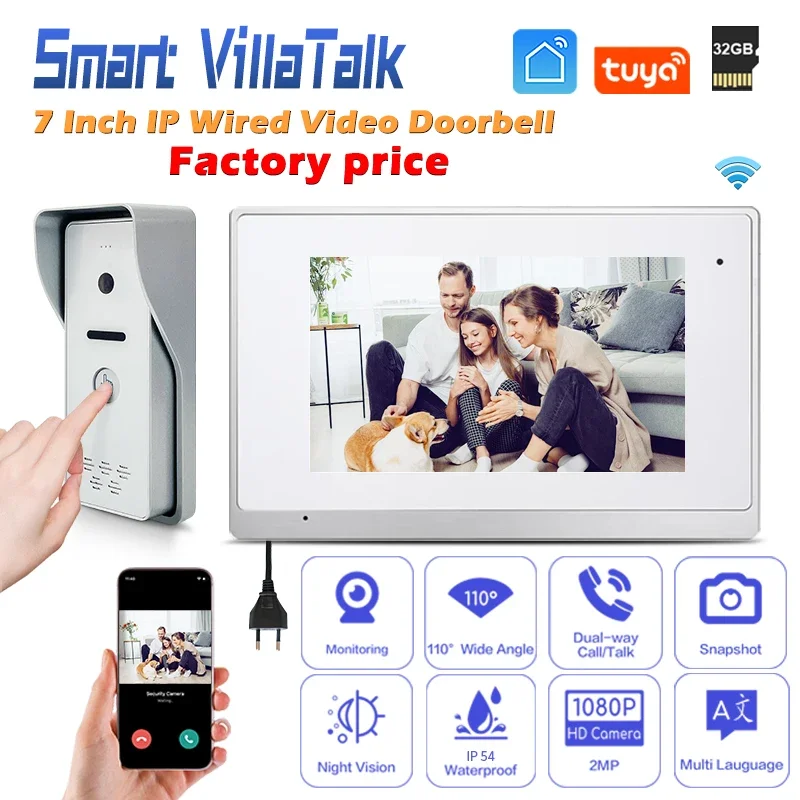 

Factory wholesale Support max 128G SD support 2 apartments home doorbell 7 inch wifi 2mp 1080p camera 4 wire video intercom