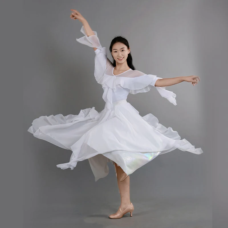 Vêtements de danse de salon irréguliers blancs pour femmes, hauts féeriques, jupe, robes de danse de valse, vêtements d'entraînement, Costume de spectacle DNV24483