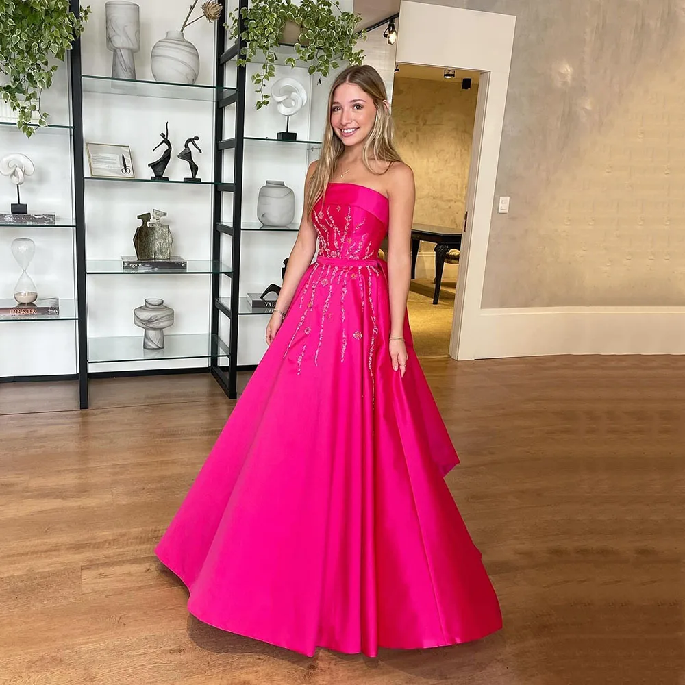 

Msikoods Hot Pink Evening Dresses 2025 Beading Big Bow Graduation Dress Birthday Party Dress Floor Length Prom Gown Customized