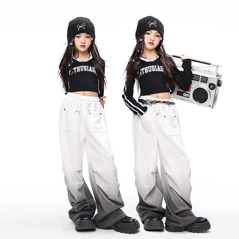 أطفال بنات الهيب هوب العلامة التجارية الشارع ارتداء طويلة الأكمام تي شيرت فضفاض عادية بانت 2 قطعة مجموعات الأطفال رياضية أداء زي #2