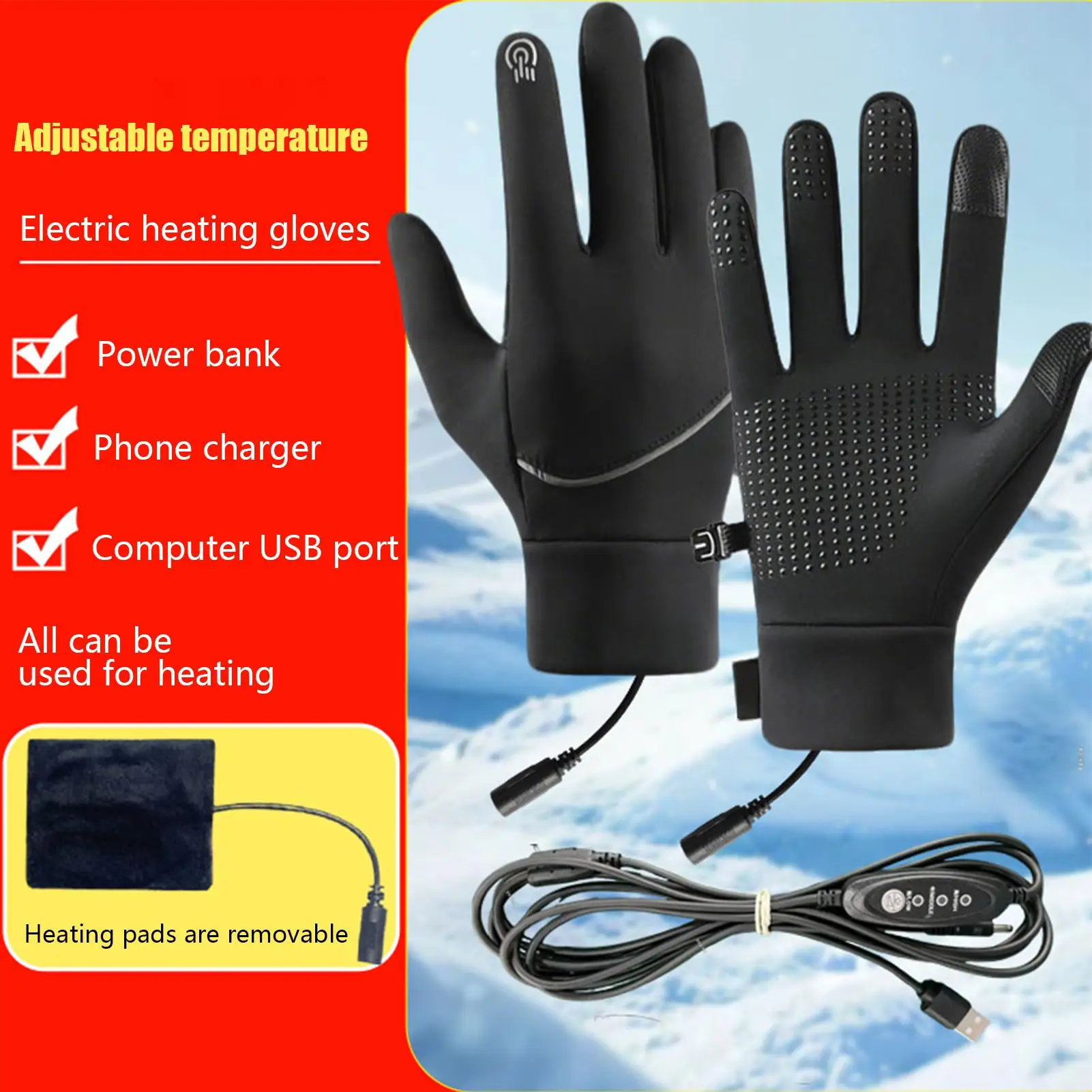 Guantes calefactables con calefacción USB, manoplas térmicas de invierno con pantalla táctil, resistentes al viento, impermeables, para mujeres y hombres, para correr al aire libre