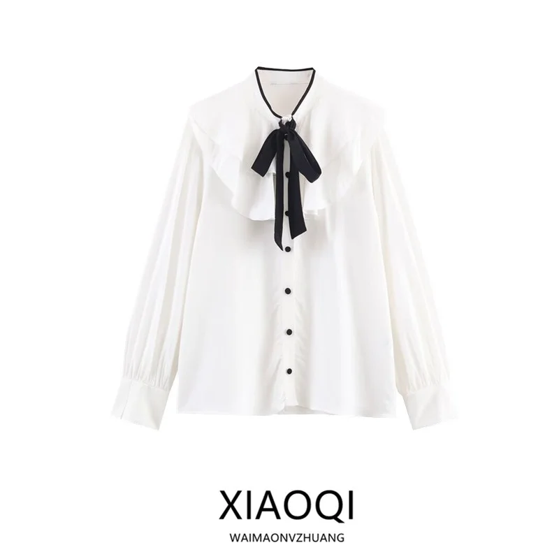 

New Winter 2025 Women's Faion irt Decorative Bow Knot Color Blo Layered Design Loose Fit Long Sve Floral Collar