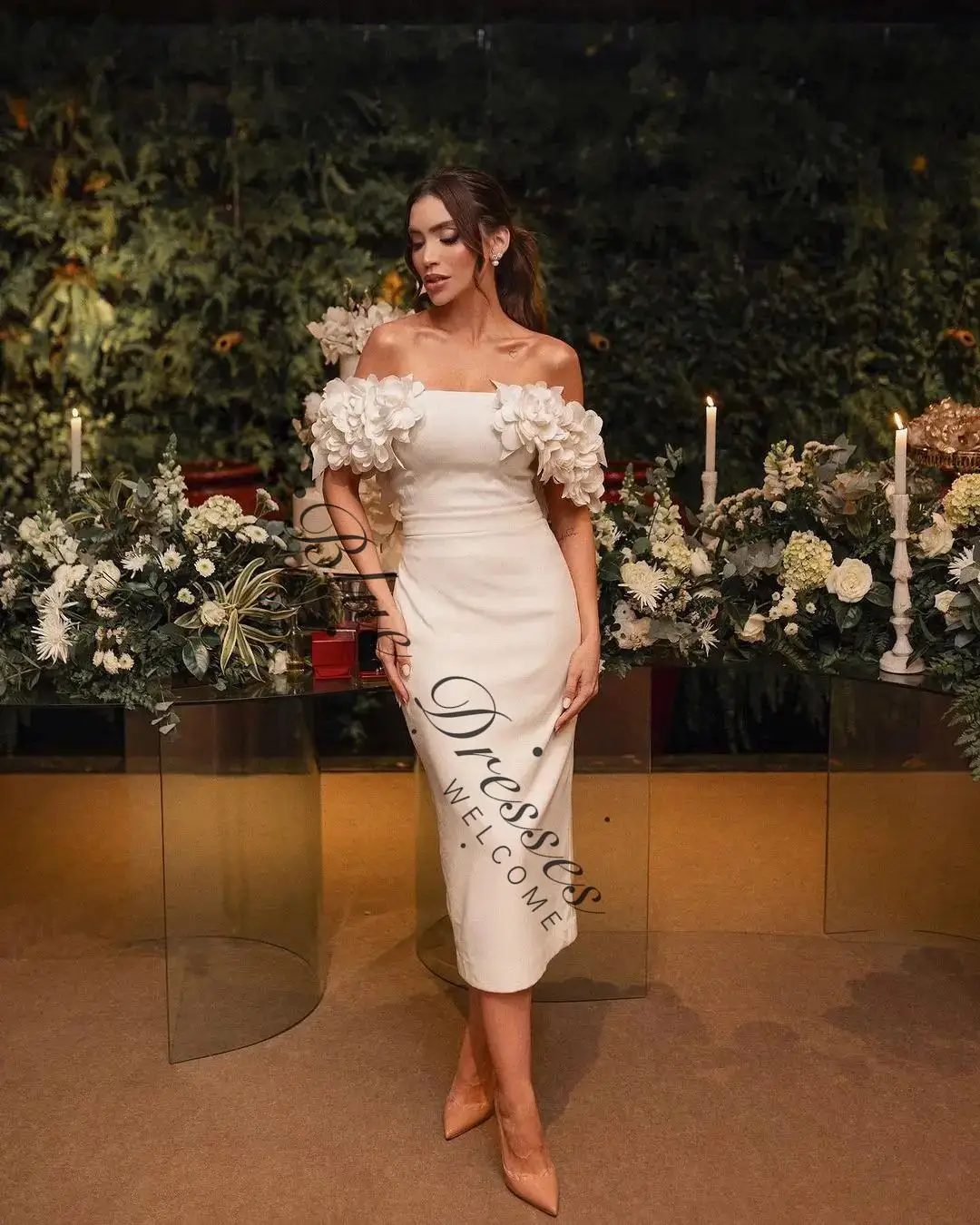 Customized Mermaid White Prom Dresses Off The Shoulder Pleated Flowers Vestidos De Fiesta Tea Length Wedding Party Dresses