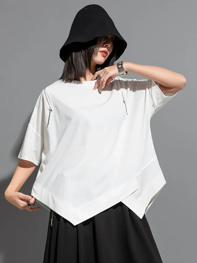 XITAO Asymmetrical Patchwork Zipper T-shirts Loose Show Thin 2023 Summer New Casual Fashion Temperament All Match Top DMJ1179