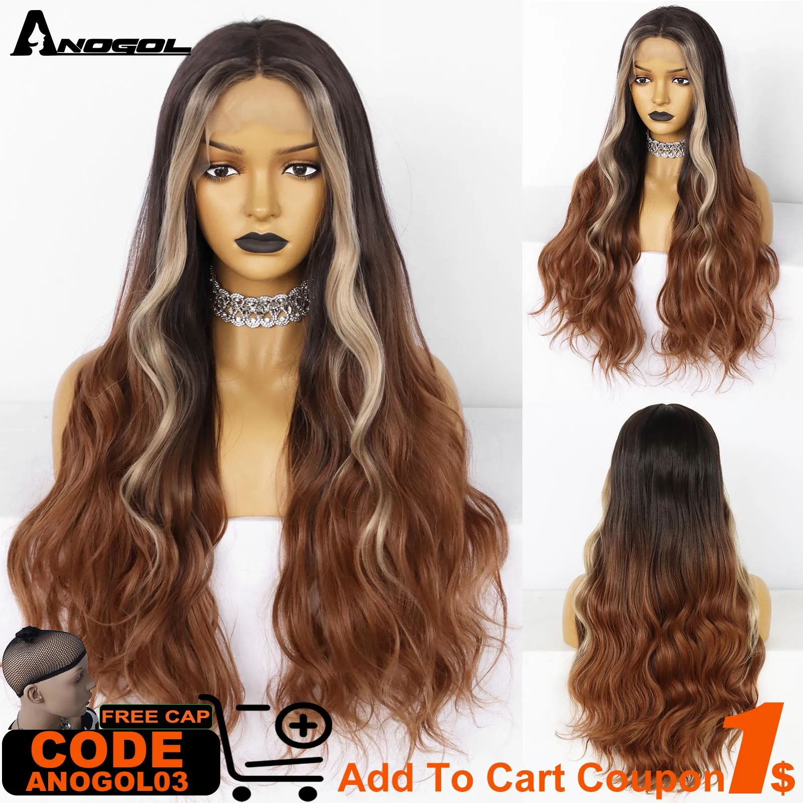 

ANOGOL Glueless Synthetic 30inch Ombre Brown Black T Part Lace Wig Long Wavy Side Part Lace Wigs for Black Women Daily Party