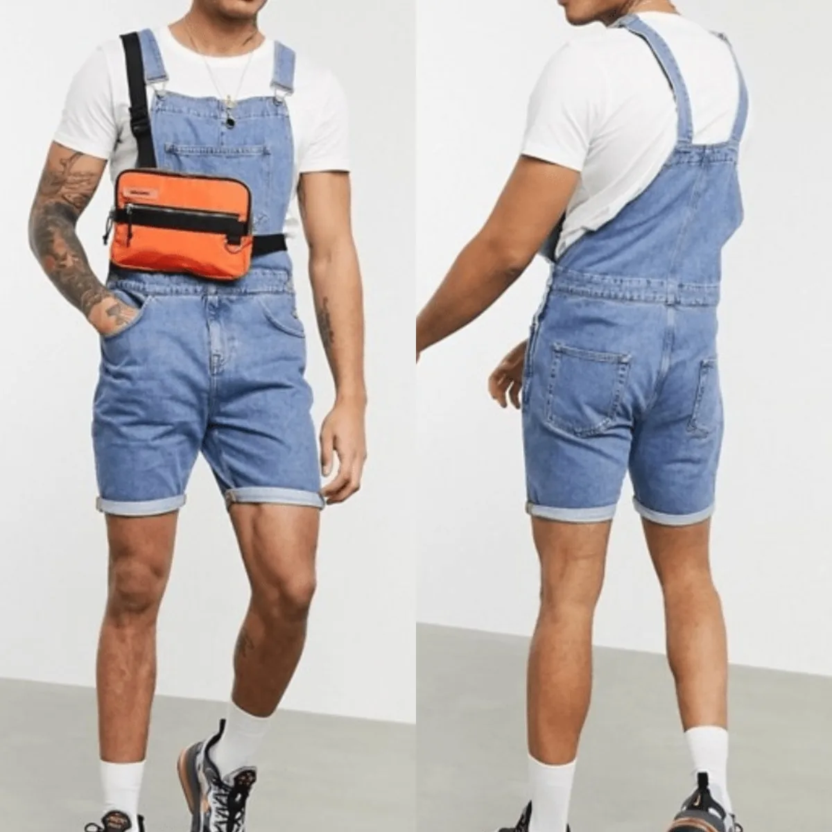 

2023 Men's New Retro Denim with Hole Suspender Shorts Sling Working Bib Top Pants