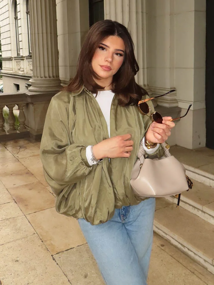 

HH женское элегантное шикарное однотонное повседневное пальто на молнии, женское весеннее пальто с лацканами и рукавами «летучая мышь», плиссированное украшение, свободная куртка, топ