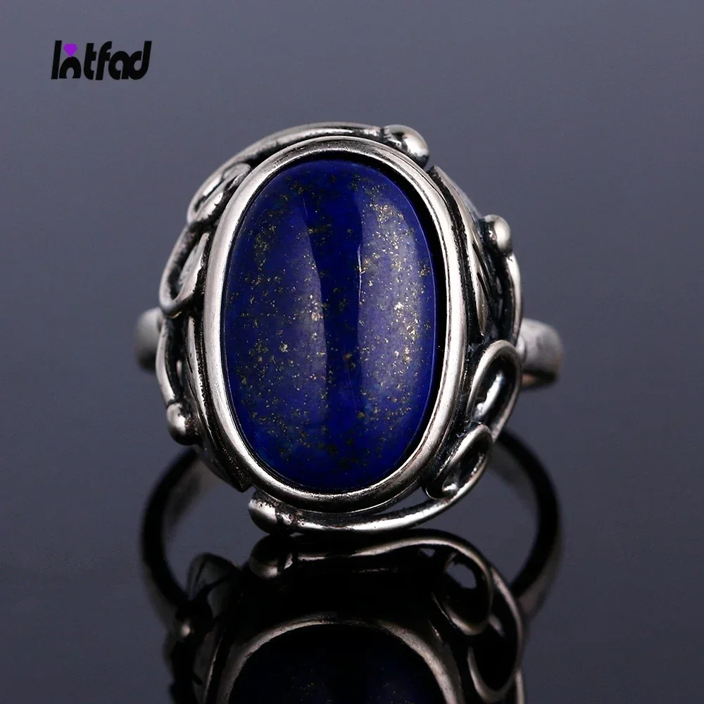 925 Sterling Silver Ring Natural Lapis Lazuli  Moonstone Ring for Women Gift Vintage Finger Ring Fine Jewelry