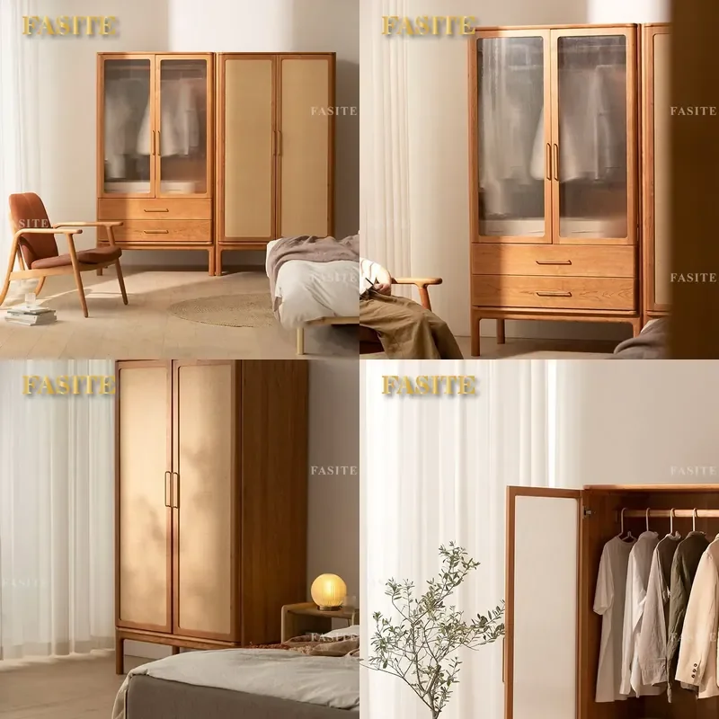For Nordic Solid Wood Wardrobe Glass Door Storage Cabinet Multi-functional Wall Locker for Small Apartment Bedroom Simple