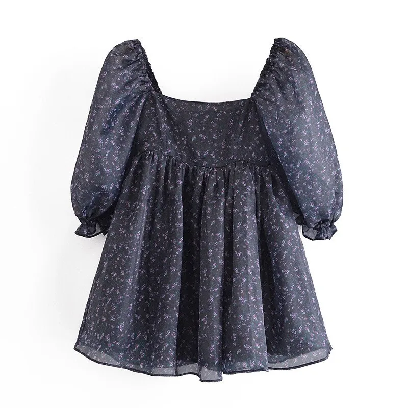 Sweet Black Floral Print Organza Ball Gown Dress Puff Sleeve Retro Women Swing Short Princess Dresses Fairy Cake Vestidos