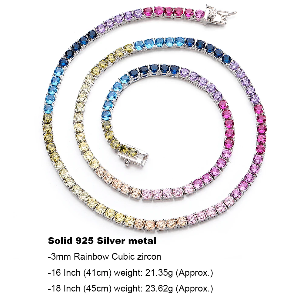 3mm Rainbow Multi-Color Cubic Zirconia 925 Sterling Silver Tennis Chain Necklace for Women, Dainty Jewelry Gift
