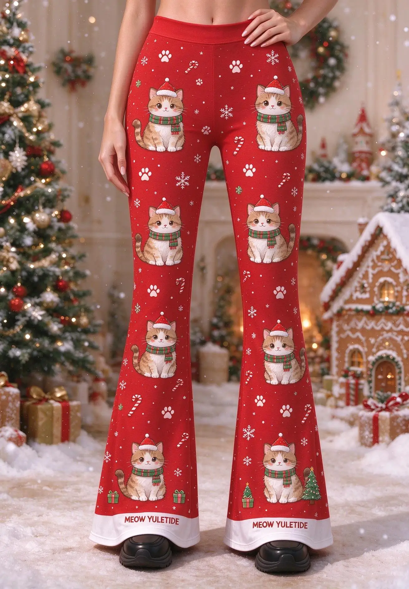 Women Mid-Rise Slim Flared Pants Christmas Red Snowman Penguin Snowflake Xmas Tree Print Stretch Bell Bottoms