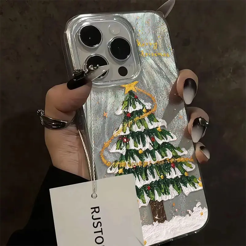 

Golden Dot Christmas Tree Phone Case for iPhone 16 15 14 13 12 11 Promax X Xs Xr 7 8 Plus Feather yarn IMD Shockproof Cover