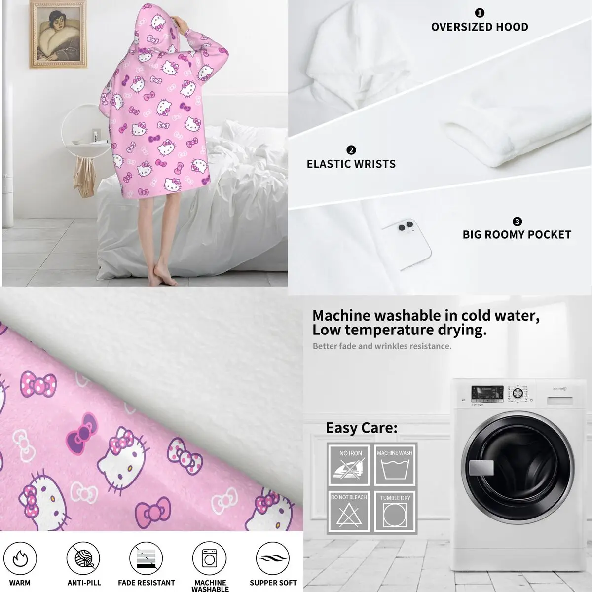 Hellos Kittys Manta de gran tamaño con dibujos animados, sudadera con capucha, manta larga de lana con capucha, manta usable con bolsillo grande para mujeres y hombres