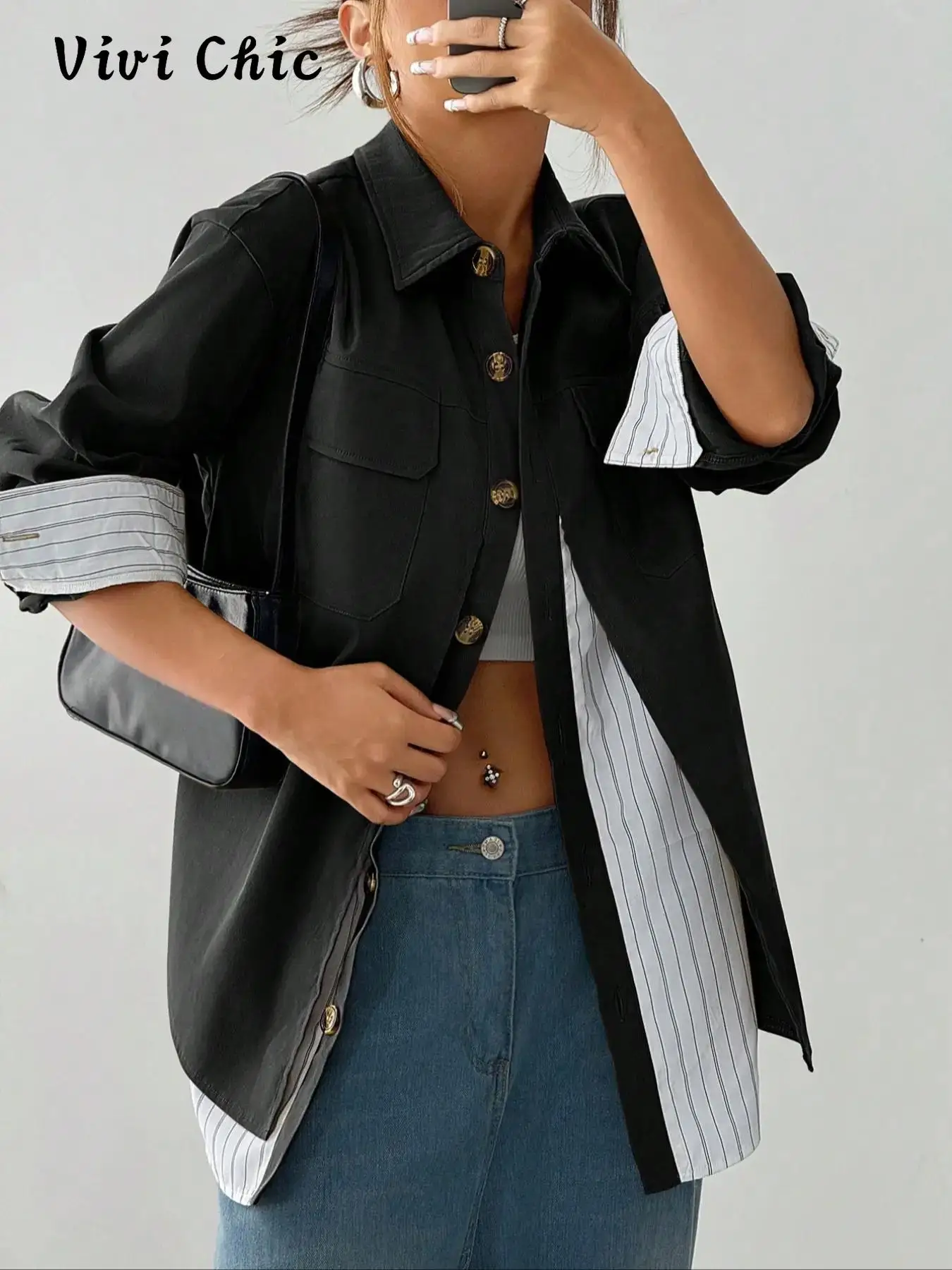 سترة نسائية كاجوال مخططة مرقعة، قماش منسوج بأكمام طويلة، نمط مناسب لجميع المواسم، سمك معتدل #4