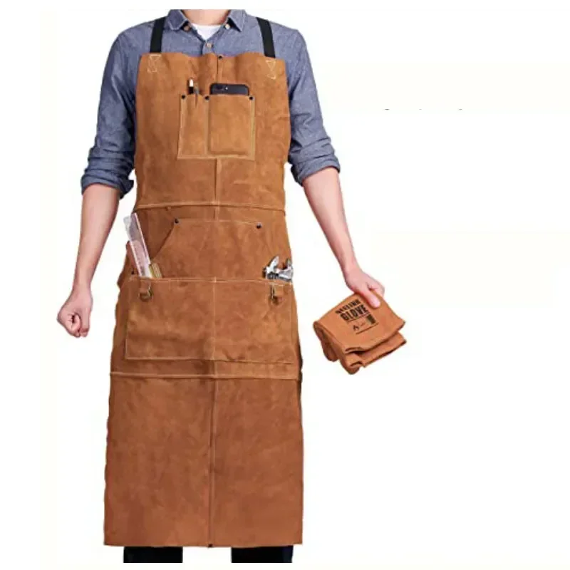 Cowhide Real Leather Work Shop Apron with 6 Tool Pockets Heat & Flame Resistant Durable Heavy Duty Welding Apron for Men Women