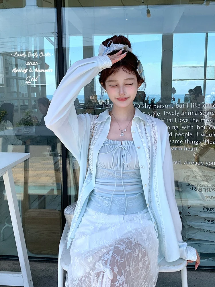 

Blue Long Sve Lace irt Women's Loose Slimming Top Summer Outerwear Casual Sle Polyester Fabric Flip Collar Button Closure