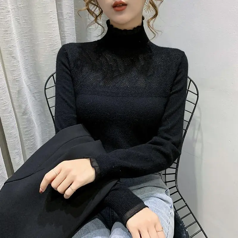 Autumn and Winter Women\'s Pullover Half High Collar Lace Hollow Out Solid Fashion Casual Elegant Commuter Long Sleeve Sweater