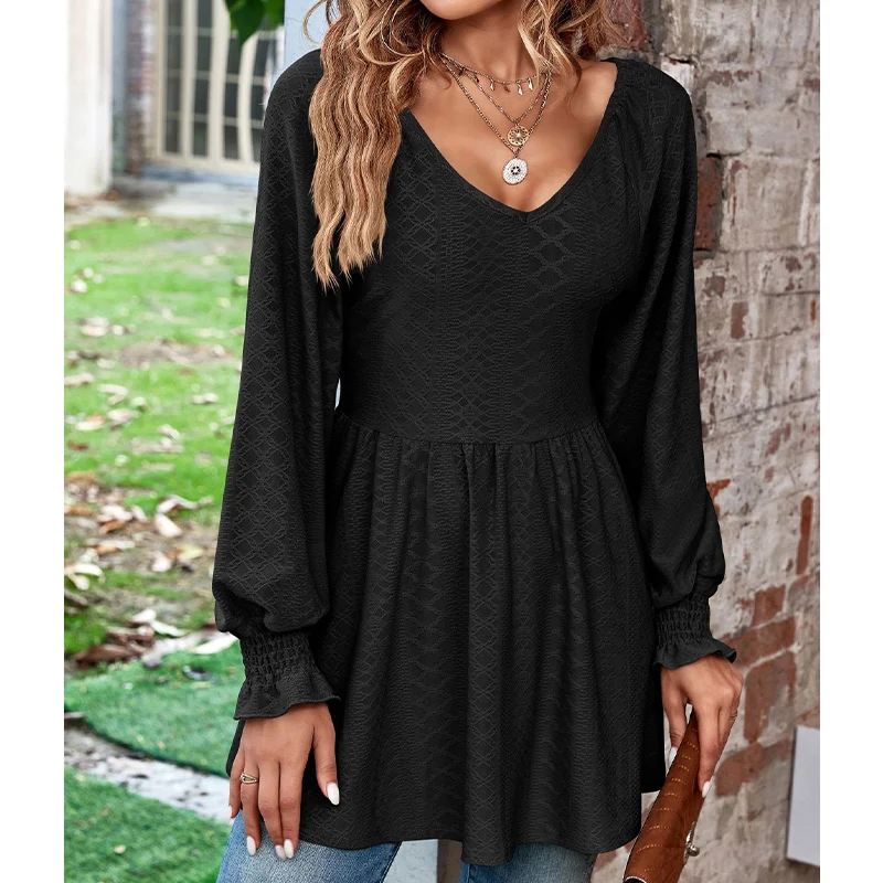 Autumn Elegant Fashion Gentle Aesthetic Minimalist Young Style T-shirt Women V Neck Long Lantern Sleeve Solid Color Folds Top