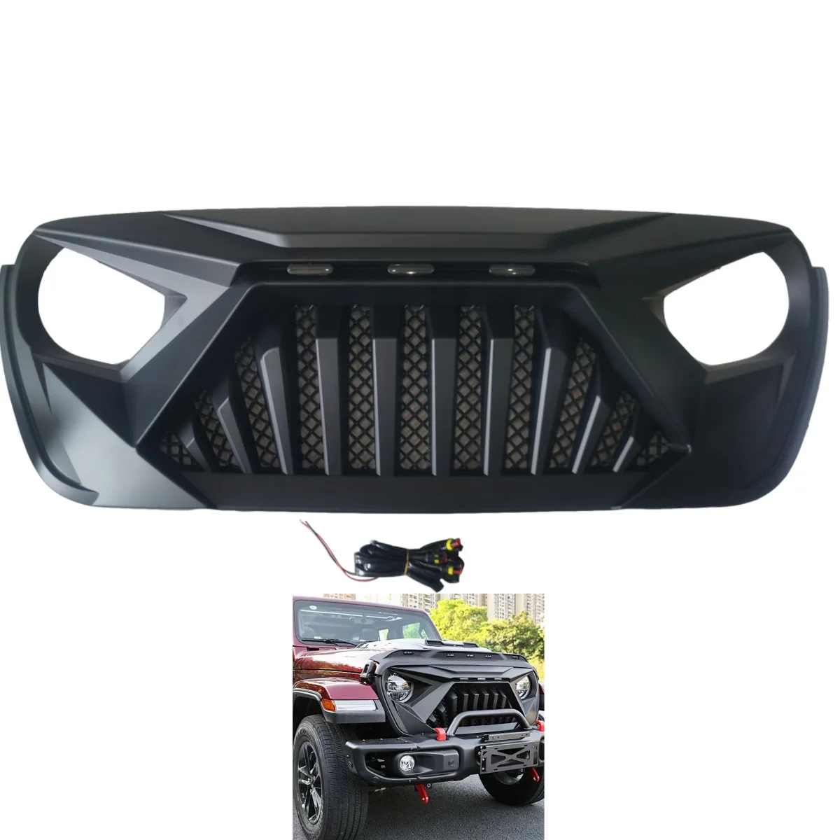 

lantsun for Jeep JL Front Grille ABS lantsun Grill Cover with Light Accessories Decoration for Jeep for Wrangler JL2018+, Black