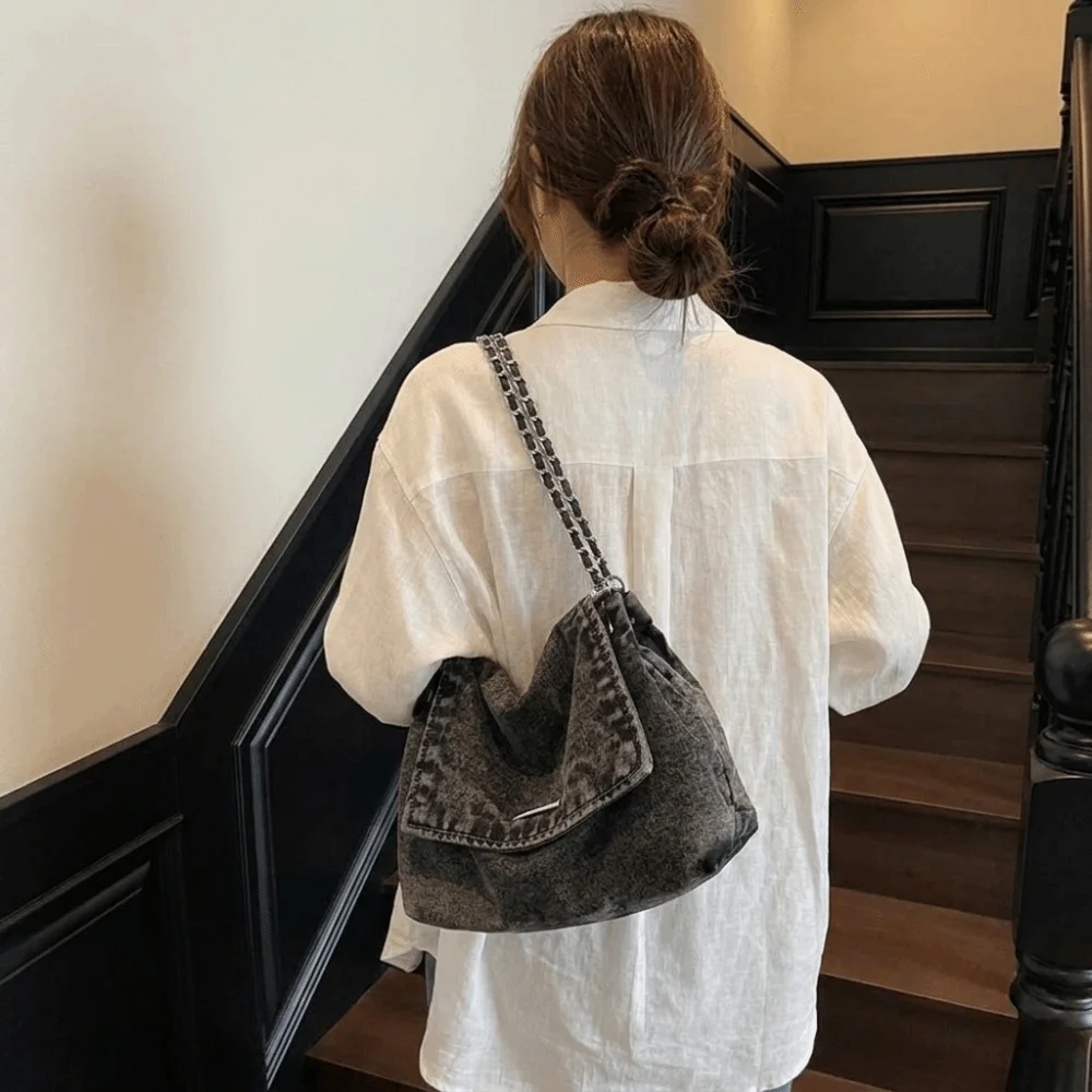 

Large Capacity Versatile Denim Tote Bag Adjustable Strap Vintage Washed Chain Shoulder Bag Durable Polyester Lining