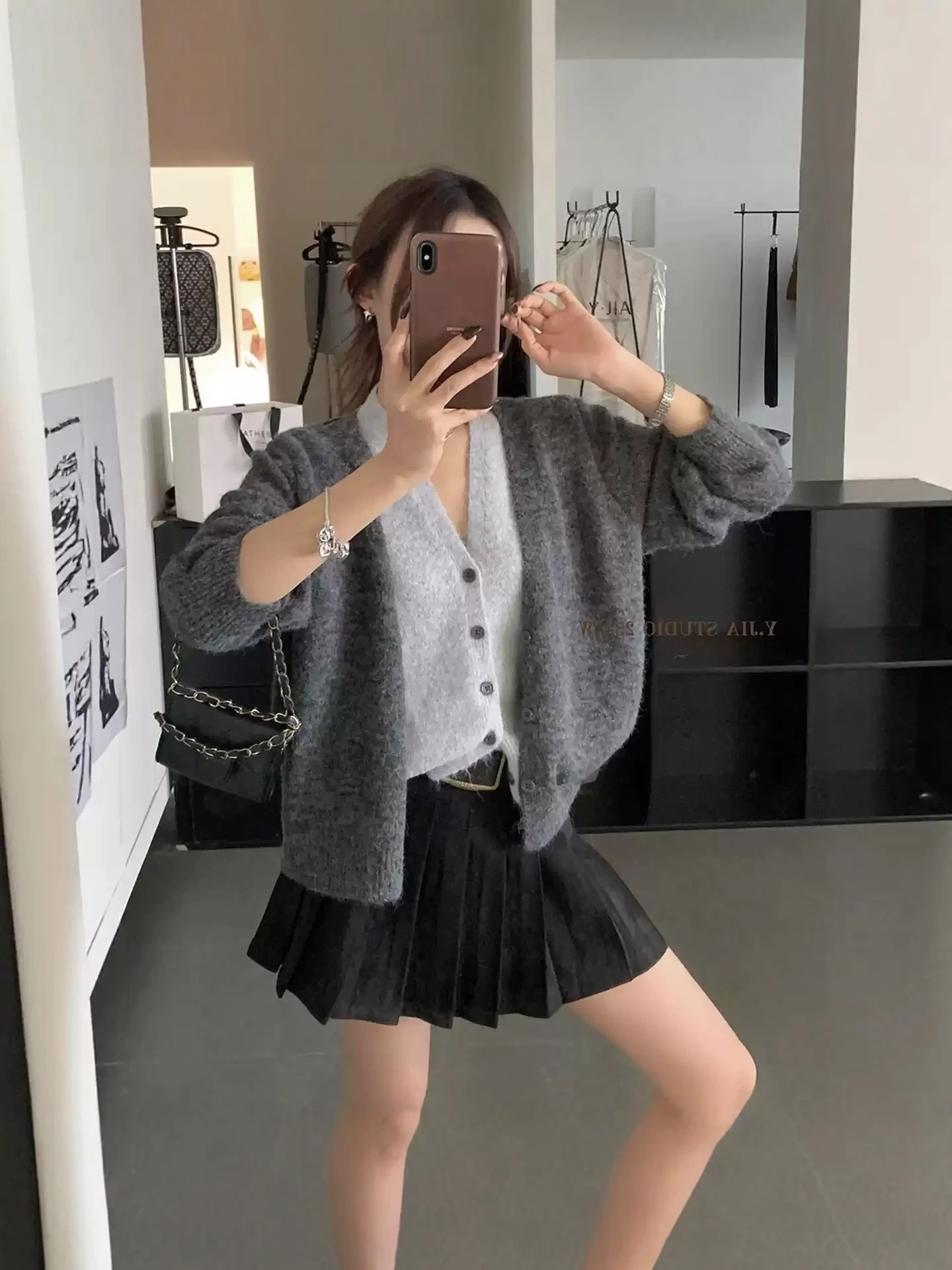 Loose Korean Style V-Neck Knitted Open Cardigan Top Grey Fake Two-Piece Sweater Women's Autumn Spring Winter Casual Inner Out...