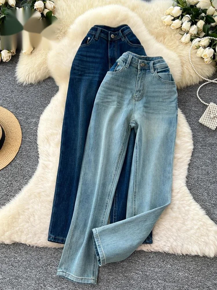 ストリートウェア ヴィンテージ ロングジーンズ 女性用 シック ポケット付き ジッパー アメリカン レトロ トラウザーズ ハイウエスト シンプル カジュアル デニムパンツ