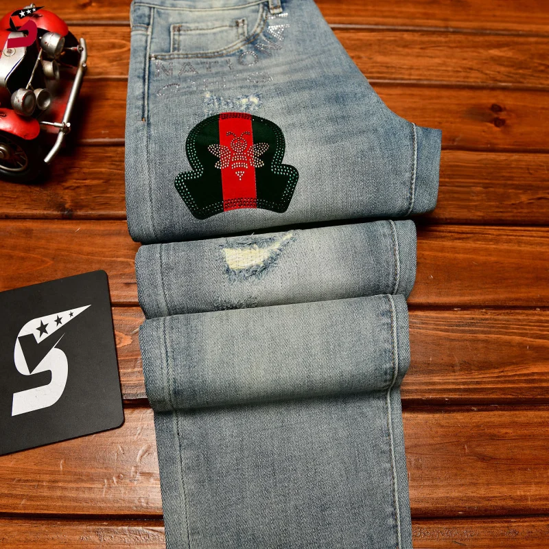 Men's 2026 Spring Summer Printed Jeans, Slim Straight Ripped Denim Pants with Rhinestone Decor, Fashion Casual Stretch Trousers
