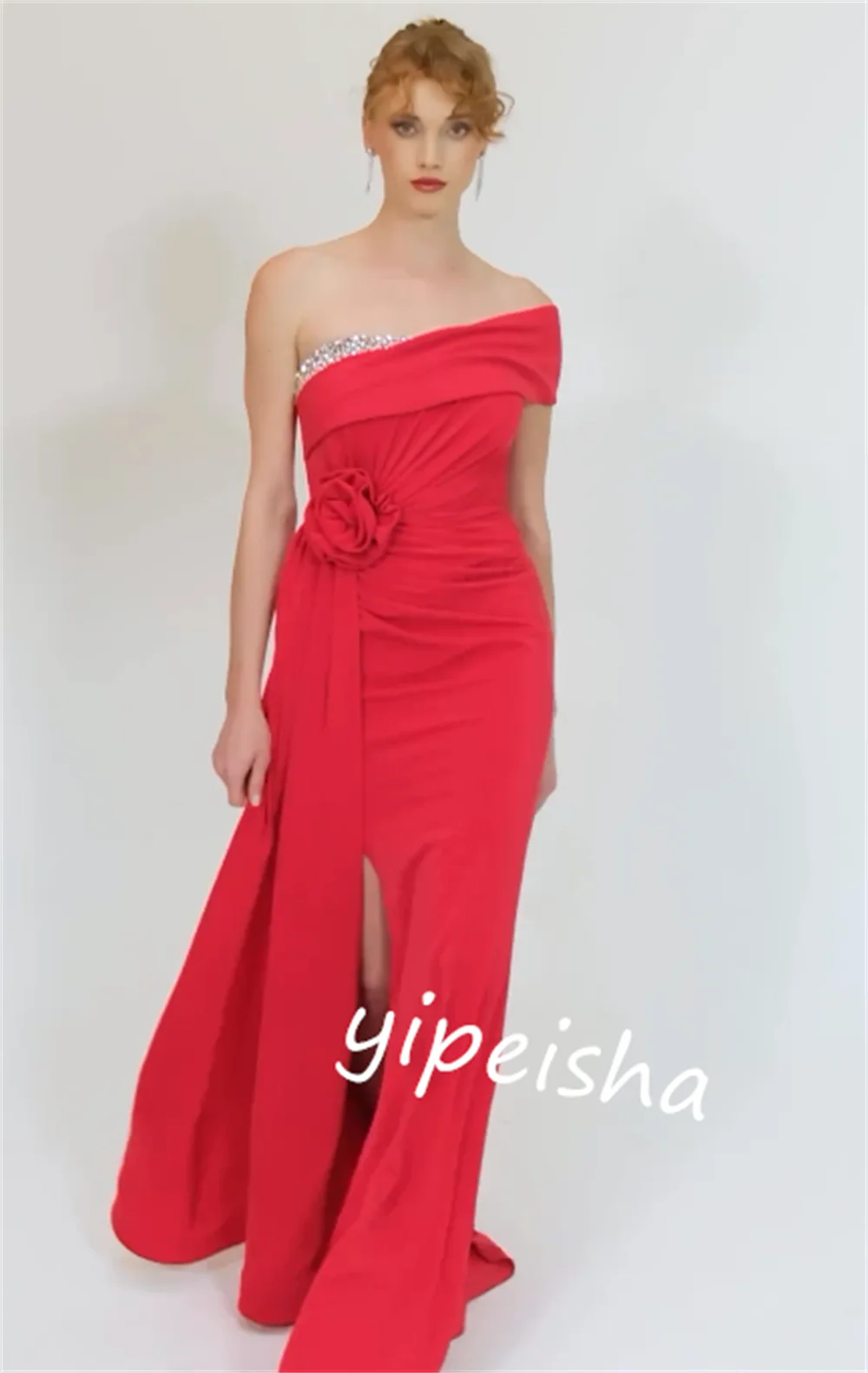 Customized Jersey Flower Formal Evening Trumpet One-shoulder Bespoke Occasion Gown Long Dresses