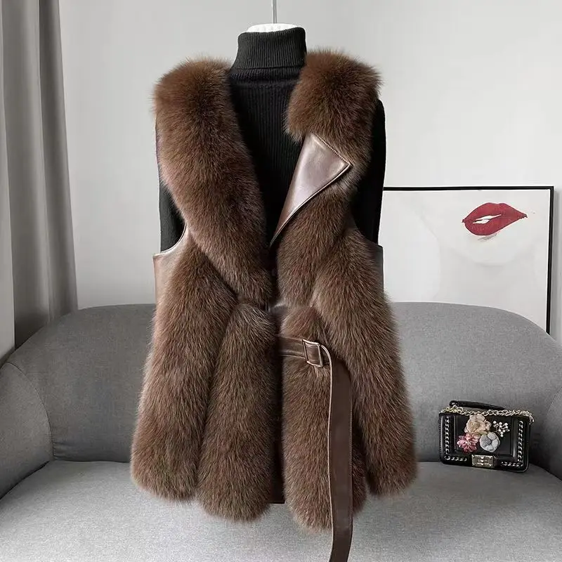 Women Thicken Vest Faux Fox Fur Sleeveless Coat 2023 Autumn Winter New In Elegant Luxury Fluffy Artificial Fur Waistcoat Jacket