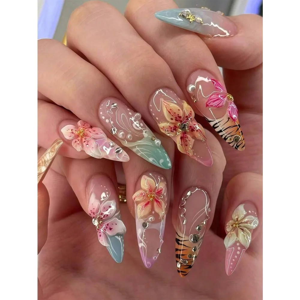 

24pcs Western Style Almond Shaped Embossed Nail Stickers: 3D Matte Floral And Ombre Tiger Print Nail Art Decals