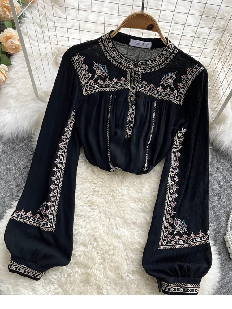 Fashion Versatile Embroidery Shirt Women\'s Spring Autumn New Stand Collar Bohemian Loose Blouse Womens Tops G03
