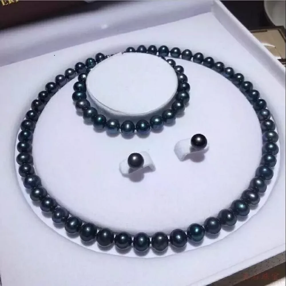 

Hot selling AAAA 9-10mm South Sea round black pearl necklace+bracelet 7.5-8inch+earring set 14K 16/20 inch