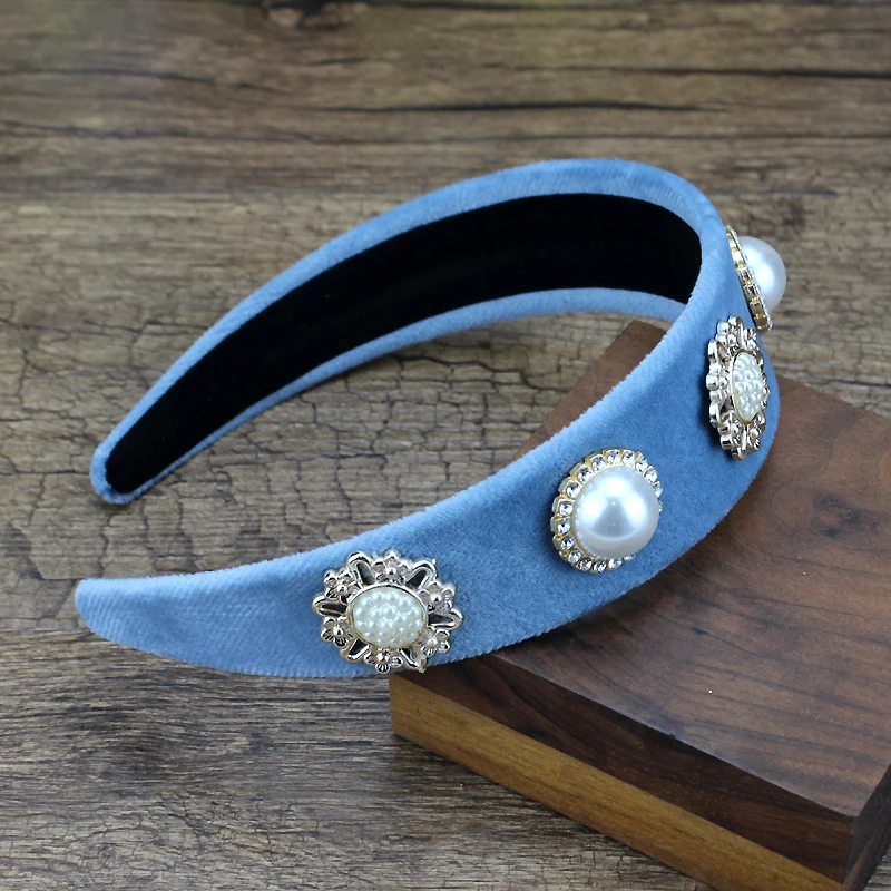 Simple crystal and pearl light blue hairband wide velvet headband for women fashion hair jewelry