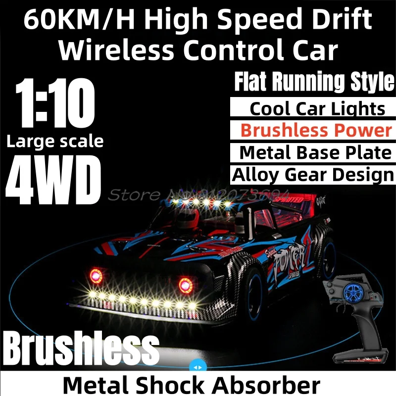 

60KM/H High Speed Drift Wireless Control Car 1:10 4WD Metal Chassis Alloy Gear LED Light Car Shell Brushless RC Flat Run Car Toy