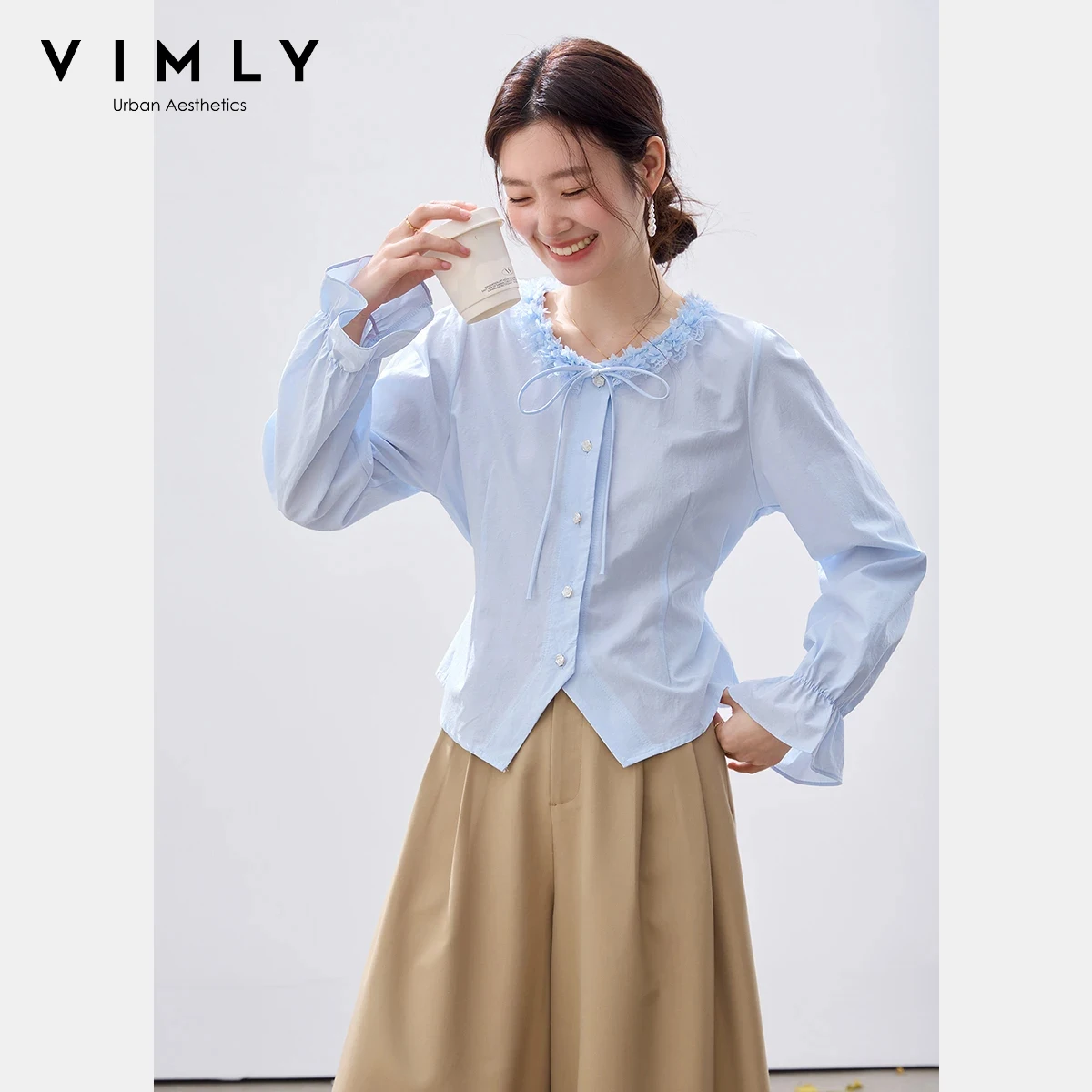 

VIMLY Women's Ruffle Trim Tie Neck Blouse 2026 Spring New Korean Blue Cotton Round Neck Office Casual Long Sleeve Shirt 30800