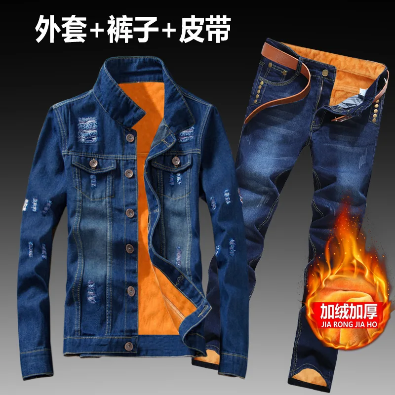 Winter Women Men Fleece Lining Thick Warm Denim 2 Piece Set Slim Cowbody Jacket Jeans Suit Safari Style Cargo Pants Matching Set