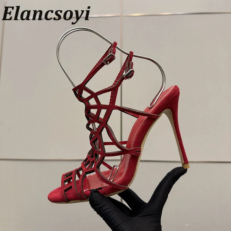 with Thin Strip Hollow Fashion Women's Leaky Toe Suede High Heels Solid Color Metal Buckle Design Water Diamond Wedding Shoes