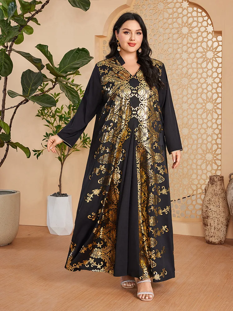 Muslim Arab Female Loose Casual Retro Ethnic Printing Black V-Neck Full Sleeve Clothing Abaya Women Dubai Long Dress Plus Size