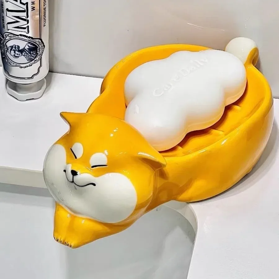 Corgi Shape Cartoon Cute Bathroom Soap Holder with Drain Water Yellow Soap Box Soap Storage Case Container Bathroom Accessories