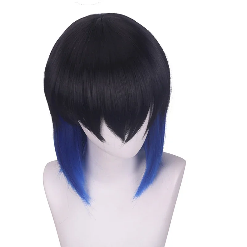 Hashibira Inosuke قصيرة الأزرق أومبير شعر مستعار Kimetsu no Yaiba مقاومة للحرارة الشعر تأثيري حلي الباروكات #5