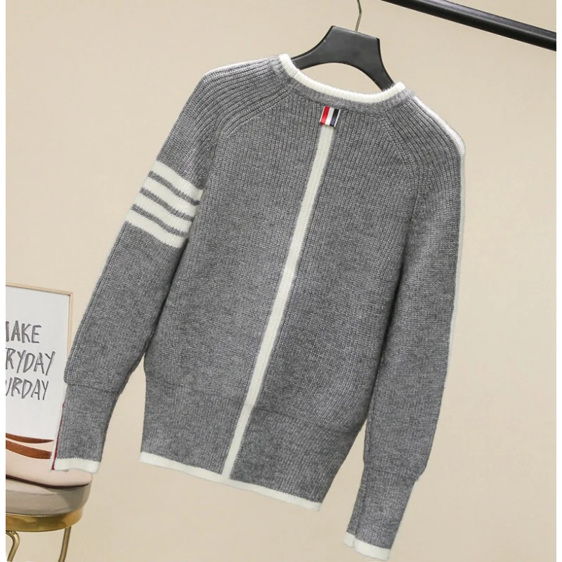 2024New Women's Thickened Thick Needle Line Pullover Lapel Knitwear Loose All-Match Lapel High Collar Pullover Stripe Sweater