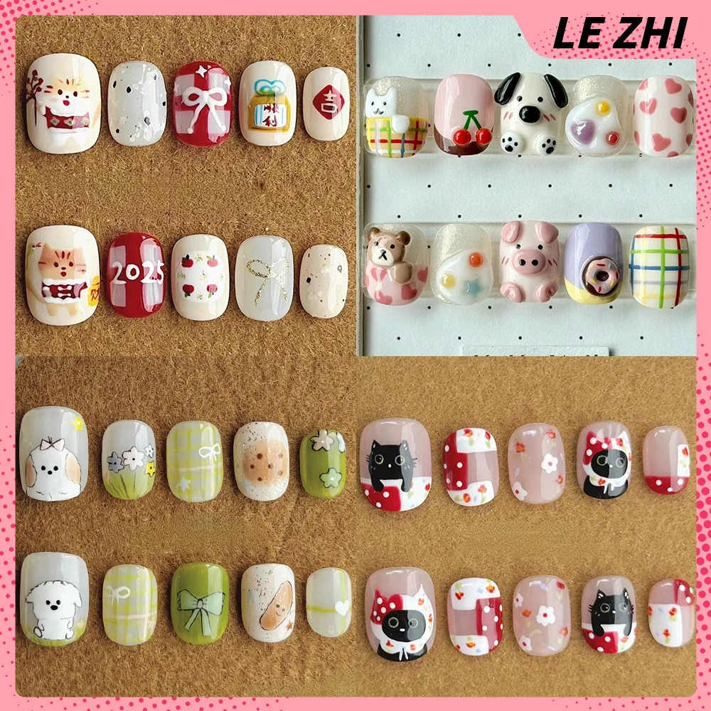 

Kawaii Handmade Cartoon Short Square Round Fake Nail Cute Animal Cat Pig Dog Bear Rabbit Reusable Full Cover Nail Festivals Gift